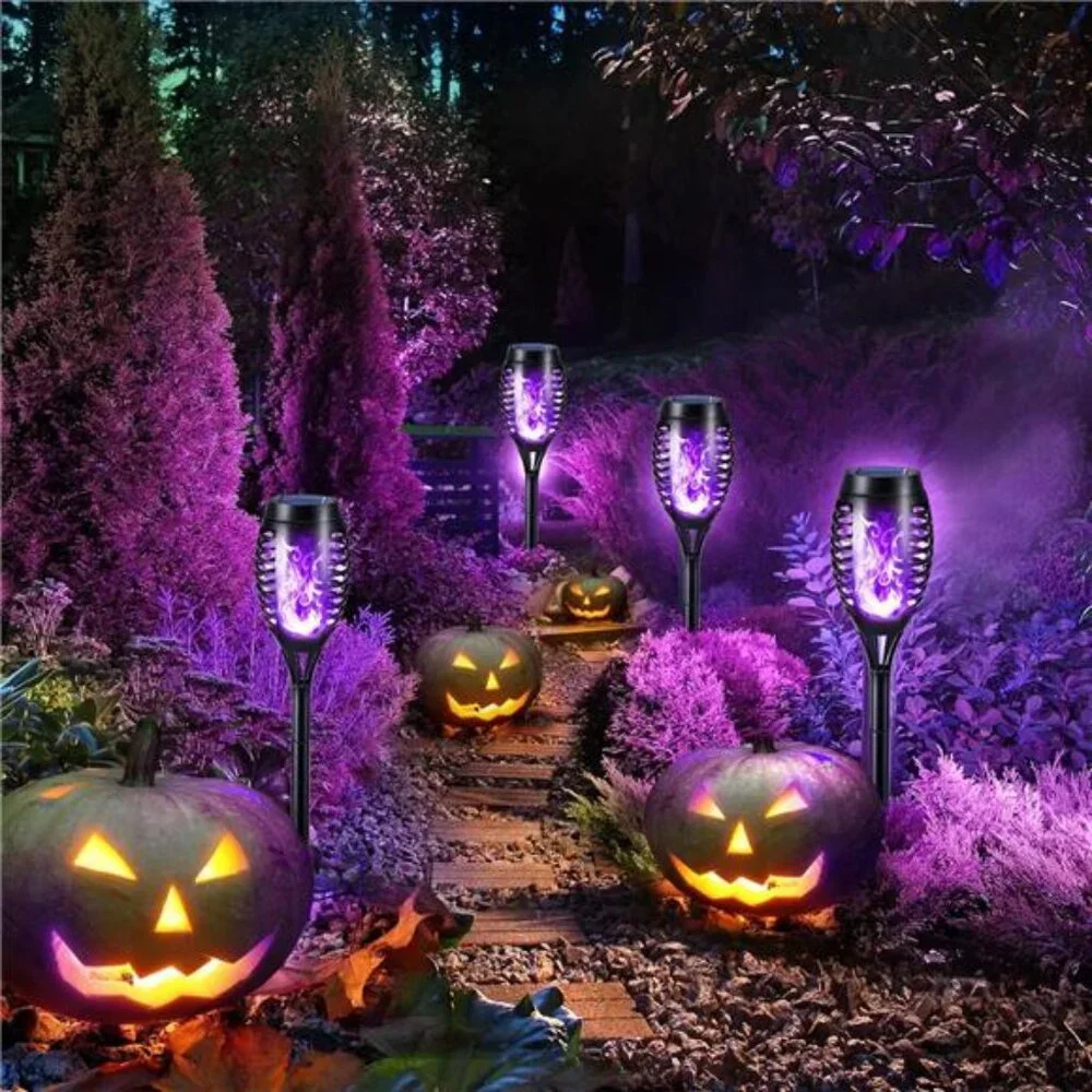Purple Solar Halloween Lights, 12 Pack Solar Torch Lights with Flickering Flame